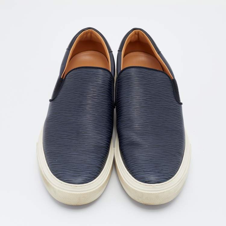 Pre Owned Louis Vuitton Black/Blue Leather Slip On Sneakers Size 45