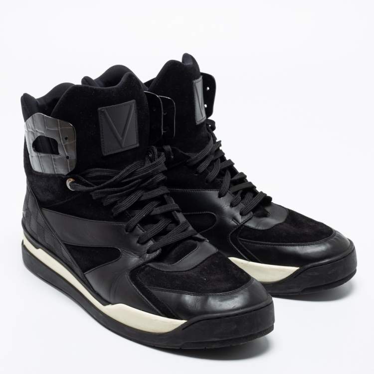 Pre Owned Louis Vuitton Black Damier Canvas, Leather and Suede Platform High-Top Sneakers Size 46