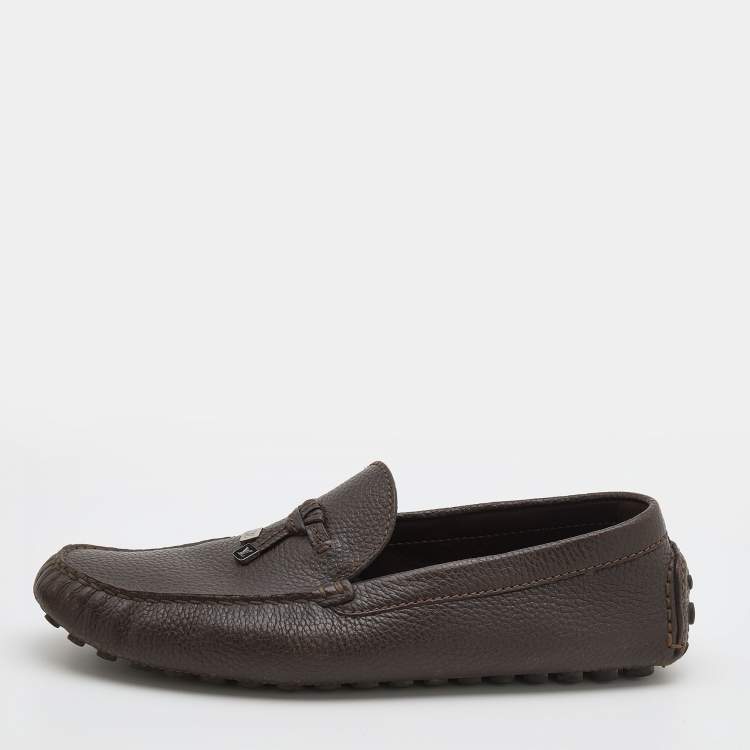 Pre Owned Louis Vuitton Dark Brown Leather Logo Bow Slip On Loafers Size 44.5