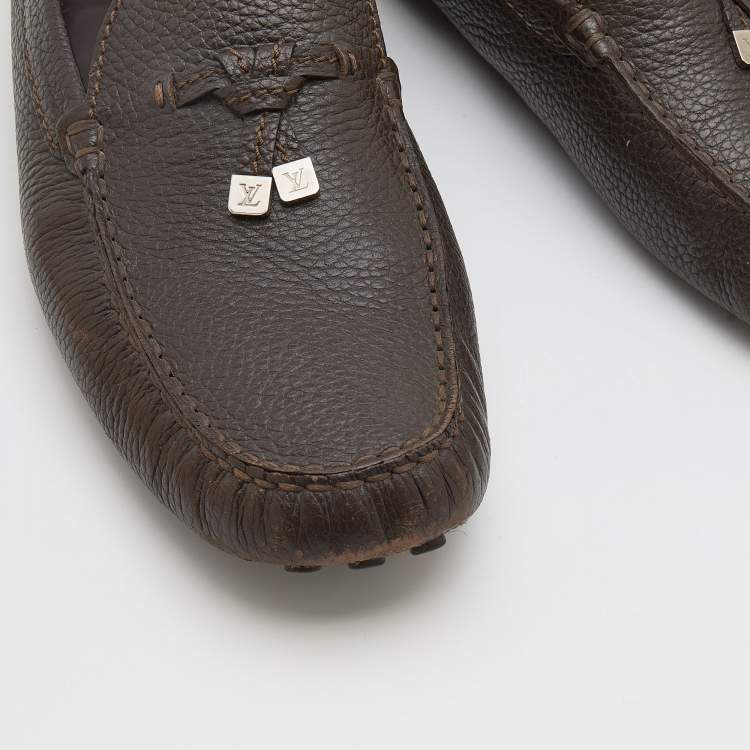 Pre Owned Louis Vuitton Dark Brown Leather Logo Bow Slip On Loafers Size 44.5