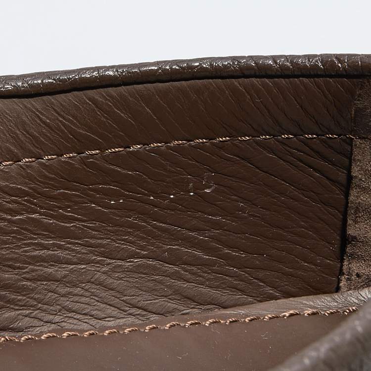 Pre Owned Louis Vuitton Dark Brown Leather Logo Bow Slip On Loafers Size 44.5