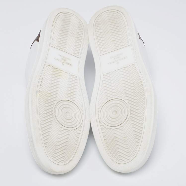 Pre Owned Louis Vuitton White/Brown Leather and Monogram Canvas Rivoli Low-Top Sneakers Size 41.5