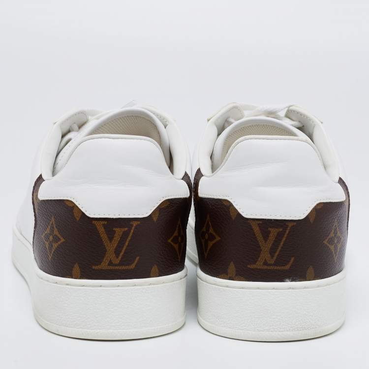 Pre Owned Louis Vuitton White/Brown Leather and Monogram Canvas Rivoli Low-Top Sneakers Size 41.5