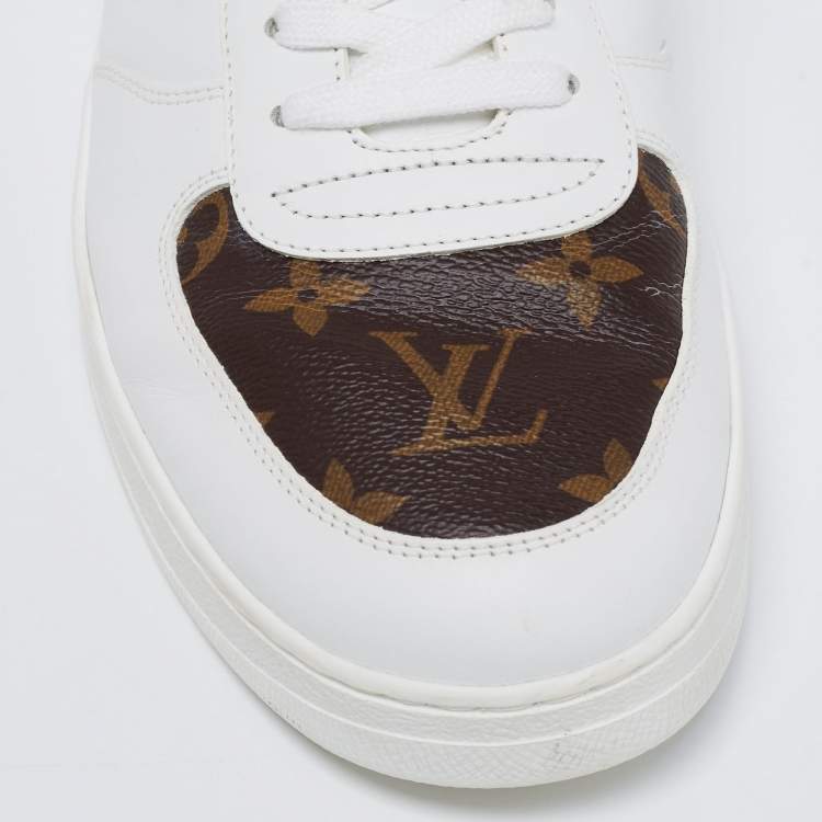 Pre Owned Louis Vuitton White/Brown Leather and Monogram Canvas Rivoli Low-Top Sneakers Size 41.5