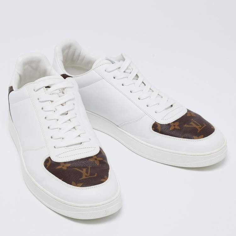 Pre Owned Louis Vuitton White/Brown Leather and Monogram Canvas Rivoli Low-Top Sneakers Size 41.5