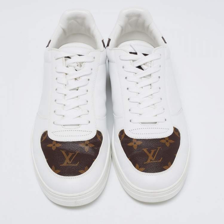 Pre Owned Louis Vuitton White/Brown Leather and Monogram Canvas Rivoli Low-Top Sneakers Size 41.5