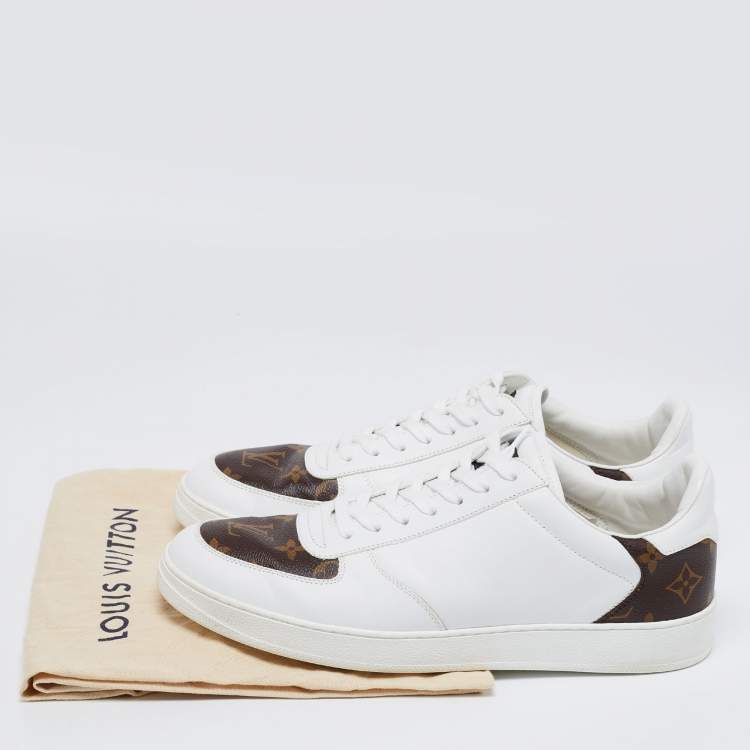 Pre Owned Louis Vuitton White/Brown Leather and Monogram Canvas Rivoli Low-Top Sneakers Size 41.5