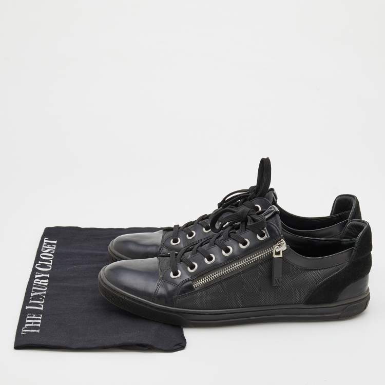 Pre Owned Louis Vuitton Black Damier Print Nylon, Suede And Leather Adventure Zip Low Top Sneakers Size 42