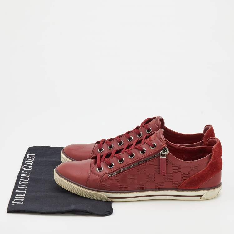 Pre Owned Louis Vuitton Red Leather And Suede Low Top Sneakers Size 42