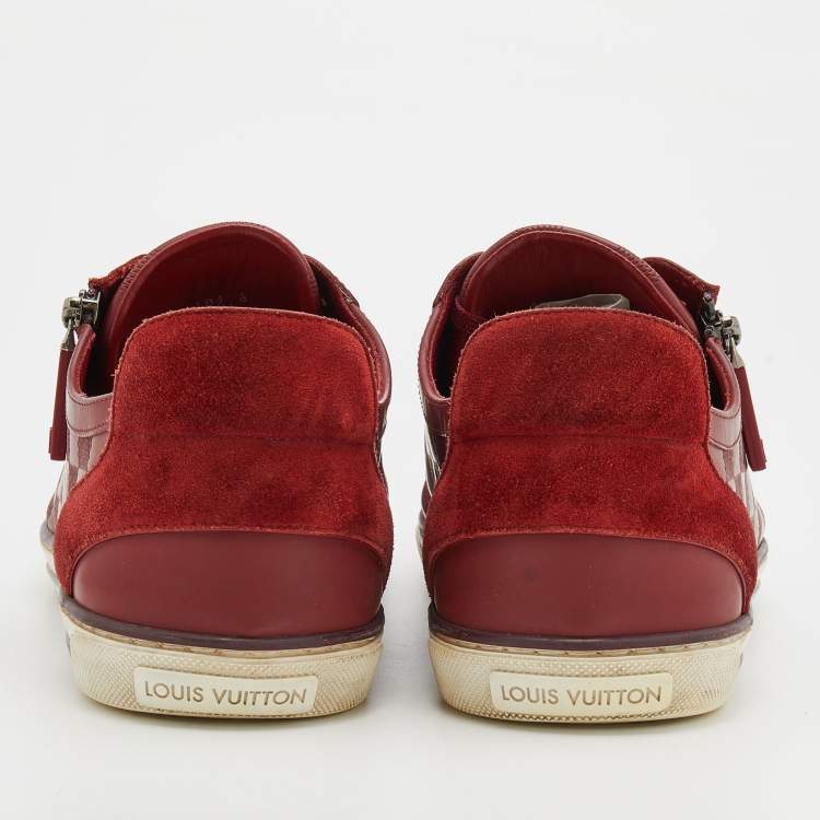 Pre Owned Louis Vuitton Red Leather And Suede Low Top Sneakers Size 42