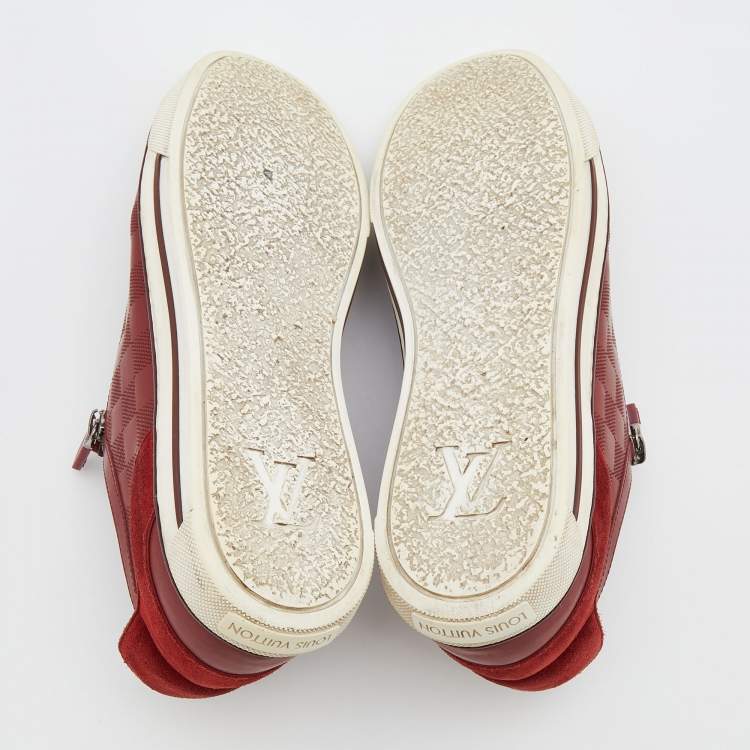 Pre Owned Louis Vuitton Red Leather And Suede Low Top Sneakers Size 42