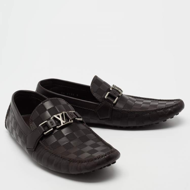 Pre Owned Louis Vuitton Brown Damier Embossed Leather Hockenheim Slip On Loafers Size 43
