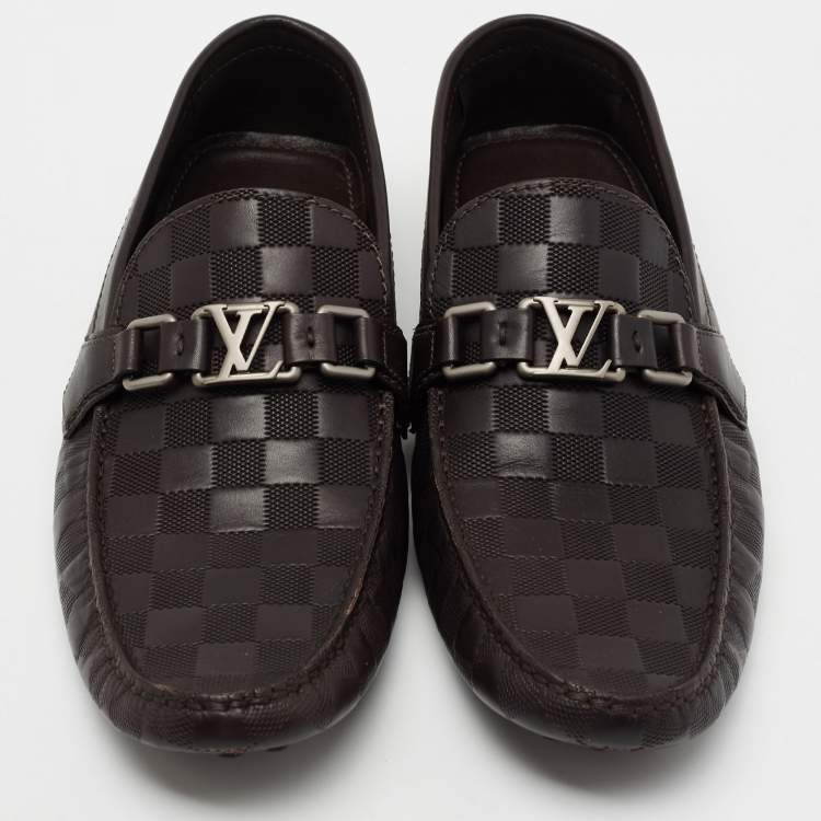 Pre Owned Louis Vuitton Brown Damier Embossed Leather Hockenheim Slip On Loafers Size 43