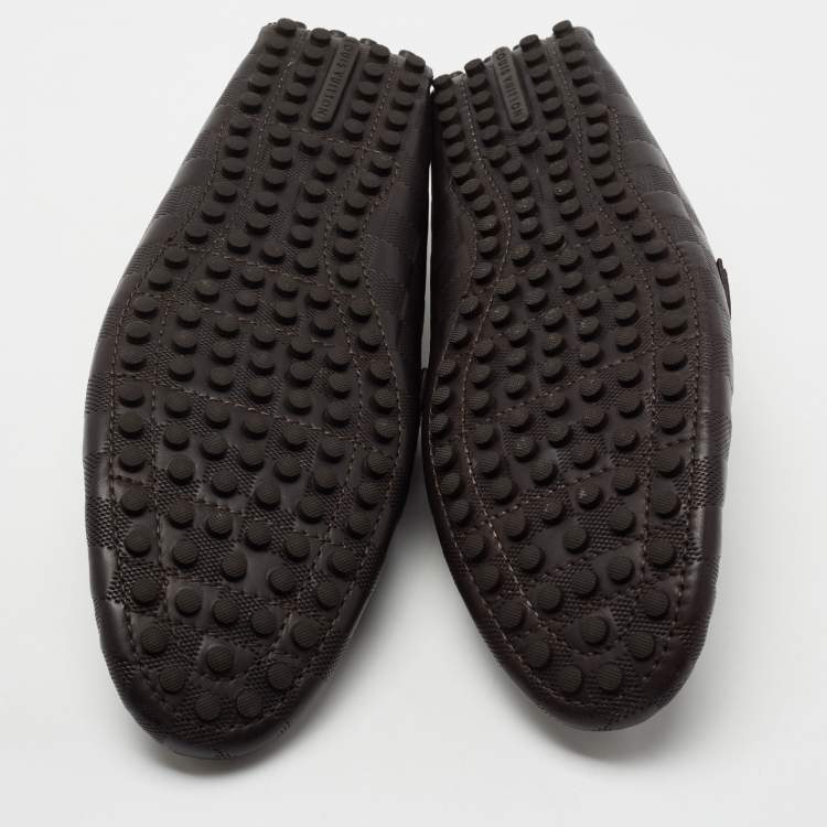Pre Owned Louis Vuitton Brown Damier Embossed Leather Hockenheim Slip On Loafers Size 43