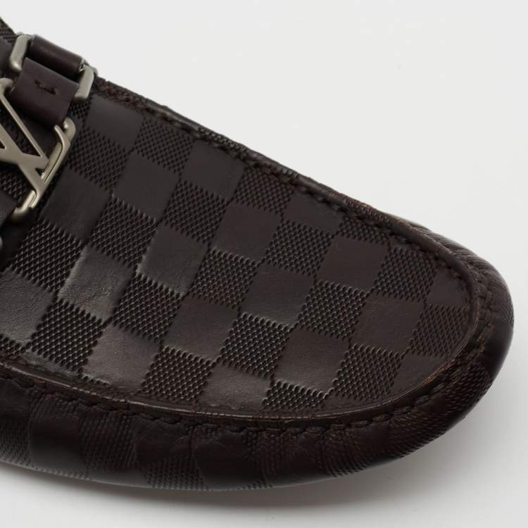 Pre Owned Louis Vuitton Brown Damier Embossed Leather Hockenheim Slip On Loafers Size 43