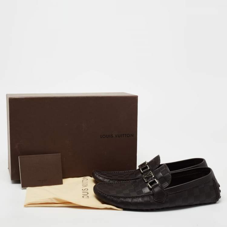 Pre Owned Louis Vuitton Brown Damier Embossed Leather Hockenheim Slip On Loafers Size 43