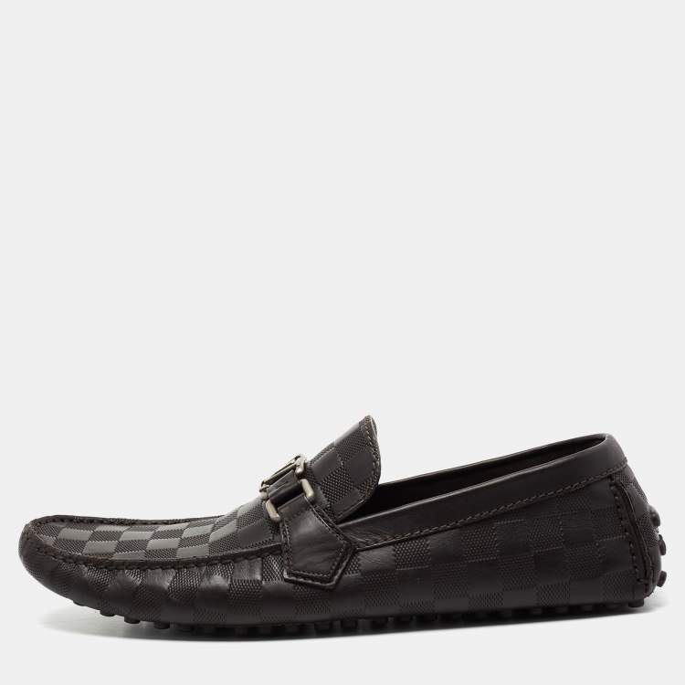 Pre Owned Louis Vuitton Brown Damier Embossed Leather Hockenheim Slip On Loafers Size 43