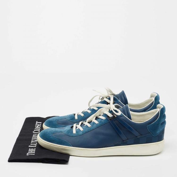 Pre Owned Louis Vuitton Blue Leather and Suede Damier Trimmed Detail Lace Up Sneakers Size 44