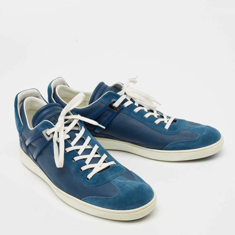 Pre Owned Louis Vuitton Blue Leather and Suede Damier Trimmed Detail Lace Up Sneakers Size 44