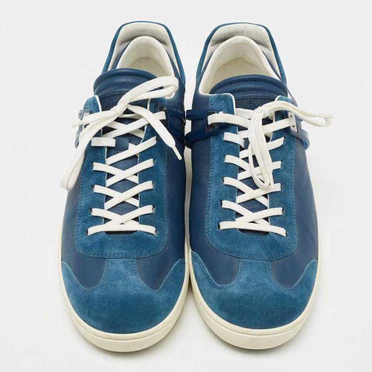 Pre Owned Louis Vuitton Blue Leather and Suede Damier Trimmed Detail Lace Up Sneakers Size 44