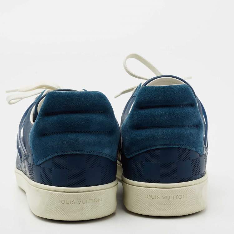 Pre Owned Louis Vuitton Blue Leather and Suede Damier Trimmed Detail Lace Up Sneakers Size 44