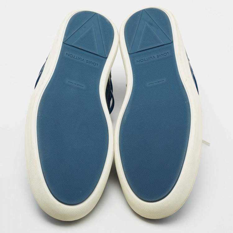 Pre Owned Louis Vuitton Blue Leather and Suede Damier Trimmed Detail Lace Up Sneakers Size 44
