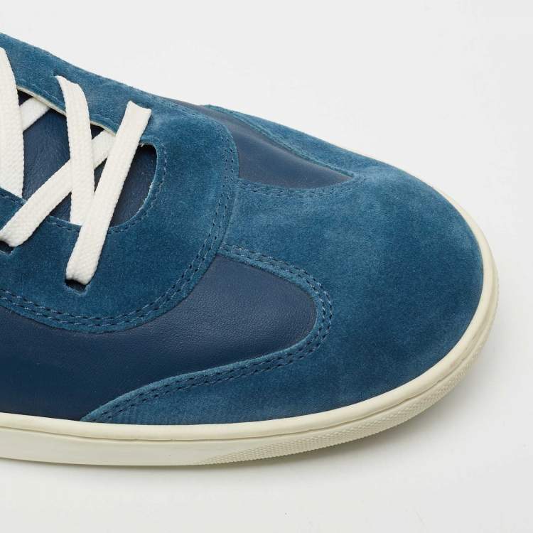Pre Owned Louis Vuitton Blue Leather and Suede Damier Trimmed Detail Lace Up Sneakers Size 44