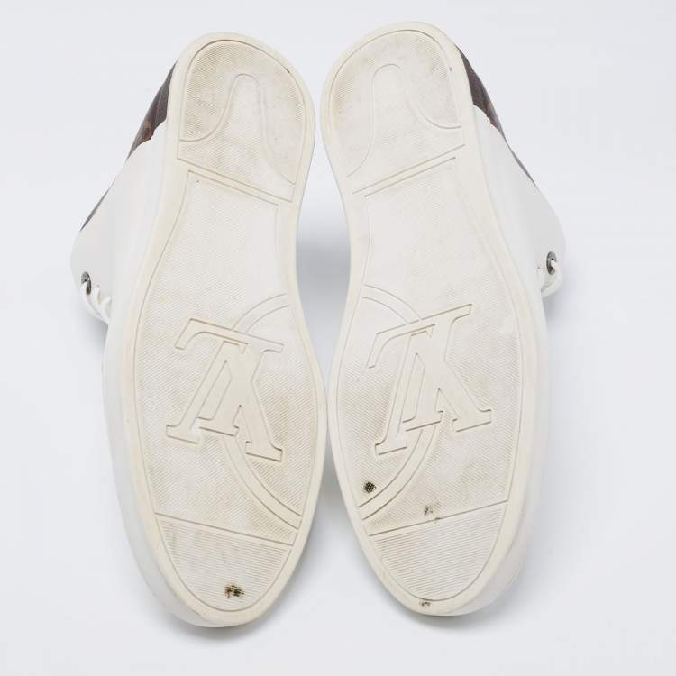 Pre Owned Louis Vuitton White/Brown Leather and Monogram Canvas Line Up High-Top Sneakers Size 44