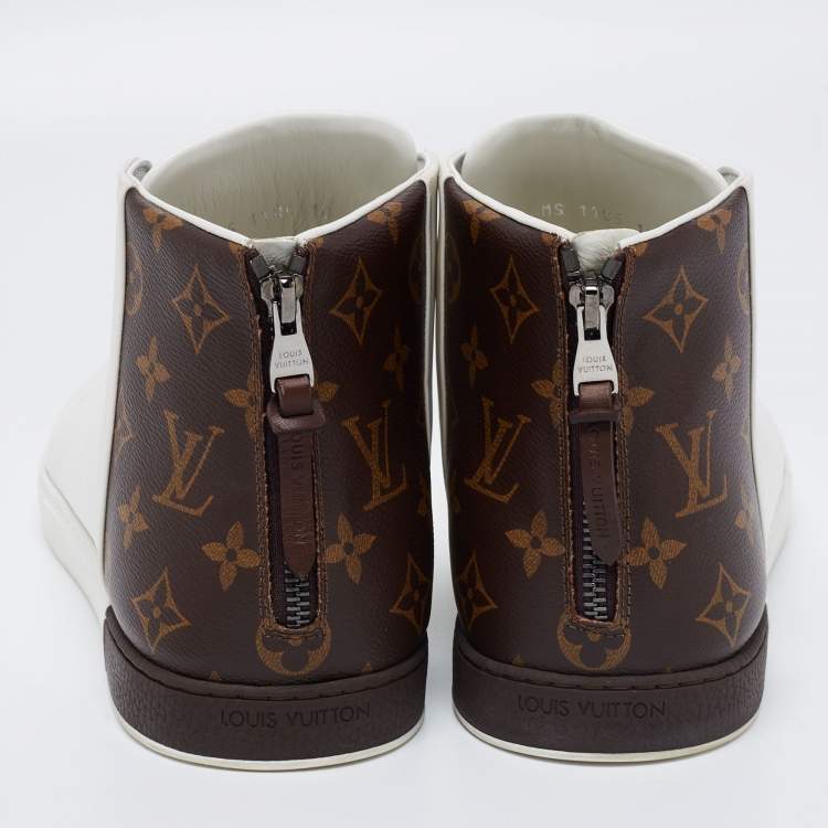 Pre Owned Louis Vuitton White/Brown Leather and Monogram Canvas Line Up High-Top Sneakers Size 44