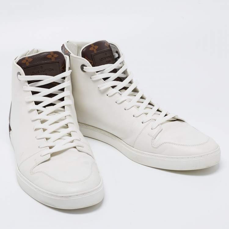 Pre Owned Louis Vuitton White/Brown Leather and Monogram Canvas Line Up High-Top Sneakers Size 44