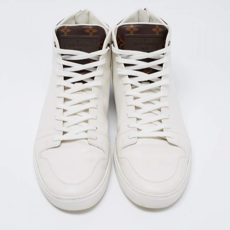 Pre Owned Louis Vuitton White/Brown Leather and Monogram Canvas Line Up High-Top Sneakers Size 44