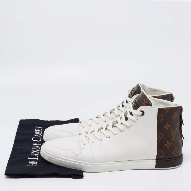 Pre Owned Louis Vuitton White/Brown Leather and Monogram Canvas Line Up High-Top Sneakers Size 44