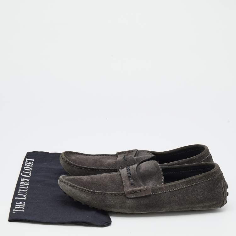 Pre Owned Louis Vuitton Dark Grey Suede Slip On Loafers Size 43