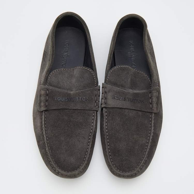 Pre Owned Louis Vuitton Dark Grey Suede Slip On Loafers Size 43