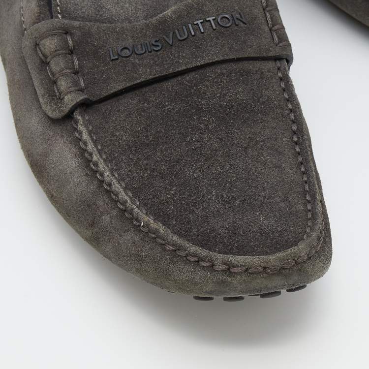 Pre Owned Louis Vuitton Dark Grey Suede Slip On Loafers Size 43