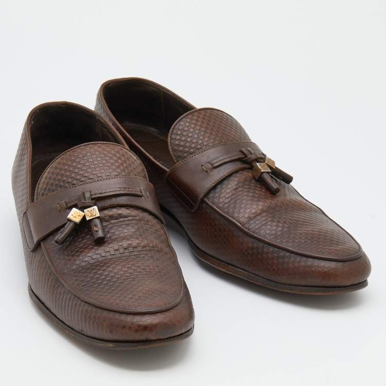 Pre Owned Louis Vuitton Brown Damier Leather Slip On Loafers Size 43