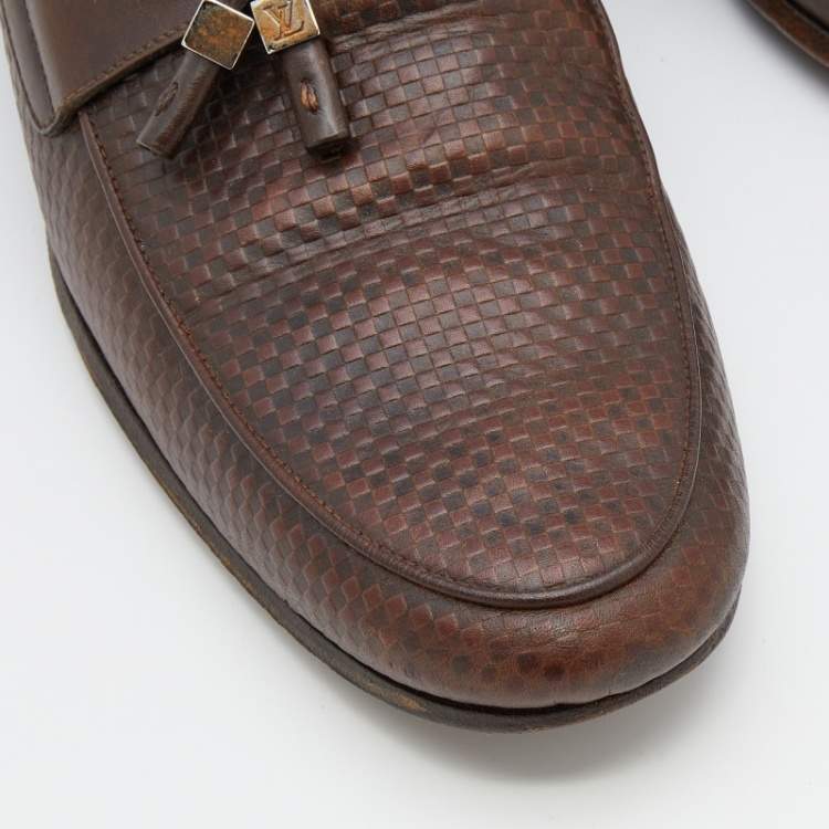 Pre Owned Louis Vuitton Brown Damier Leather Slip On Loafers Size 43