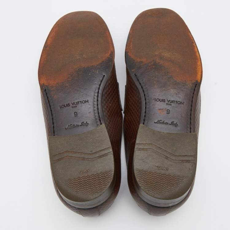 Pre Owned Louis Vuitton Brown Damier Leather Slip On Loafers Size 43