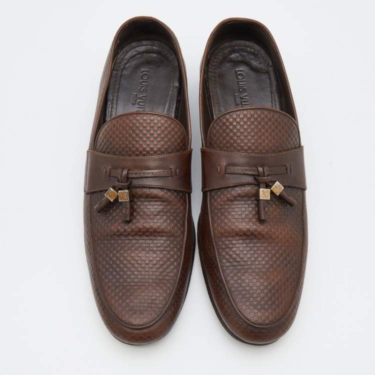 Pre Owned Louis Vuitton Brown Damier Leather Slip On Loafers Size 43