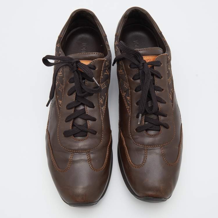 Pre Owned Louis Vuitton Brown Mini Lin Monogram Canvas And Leather Low Top Sneakers Size 45