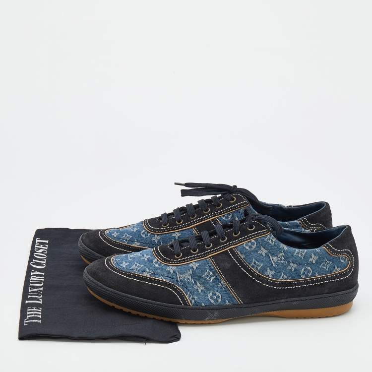 Pre Owned Louis Vuitton Blue/Black Monogram Denim And Suede Low Top Sneakers Size 44.5