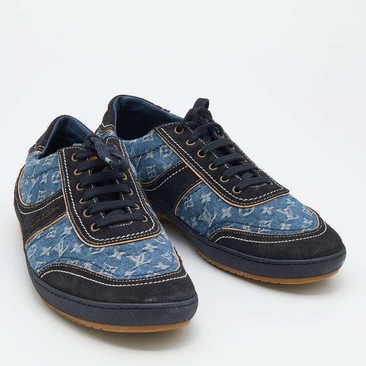 Pre Owned Louis Vuitton Blue/Black Monogram Denim And Suede Low Top Sneakers Size 44.5