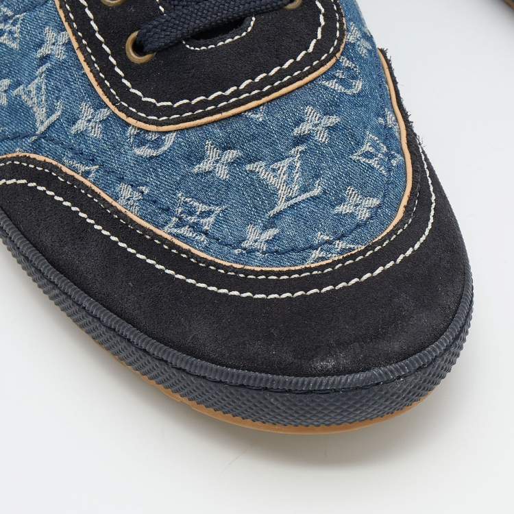 Pre Owned Louis Vuitton Blue/Black Monogram Denim And Suede Low Top Sneakers Size 44.5