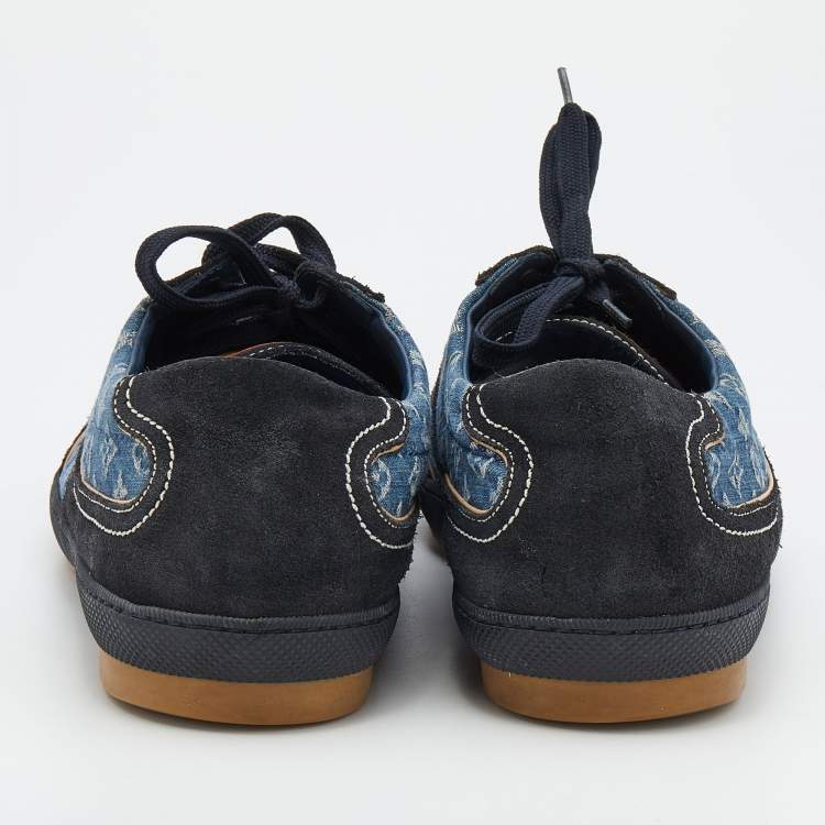 Pre Owned Louis Vuitton Blue/Black Monogram Denim And Suede Low Top Sneakers Size 44.5