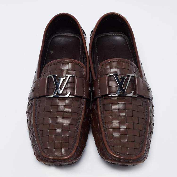 Pre Owned Louis Vuitton Dark Brown Woven Leather Monte Carlo Slip On Loafers Size 43