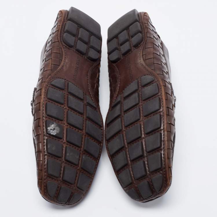 Pre Owned Louis Vuitton Dark Brown Woven Leather Monte Carlo Slip On Loafers Size 43