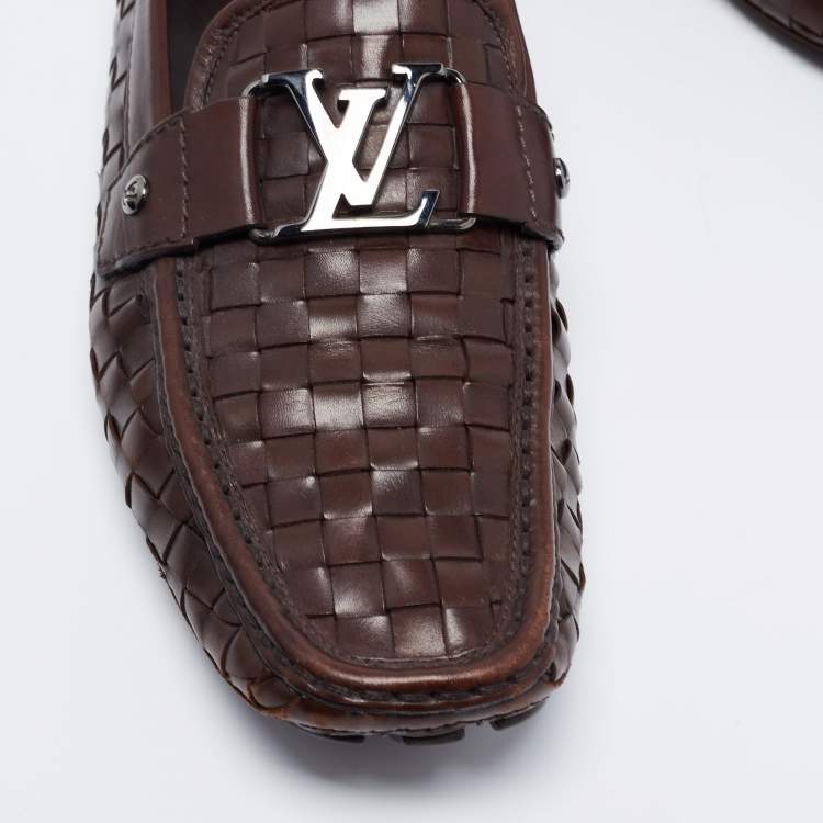 Pre Owned Louis Vuitton Dark Brown Woven Leather Monte Carlo Slip On Loafers Size 43