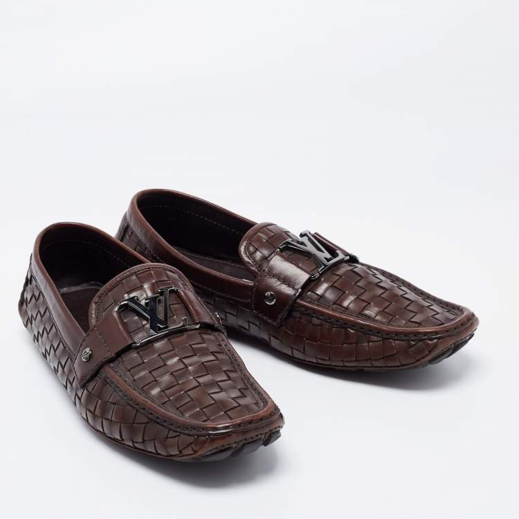 Pre Owned Louis Vuitton Dark Brown Woven Leather Monte Carlo Slip On Loafers Size 43