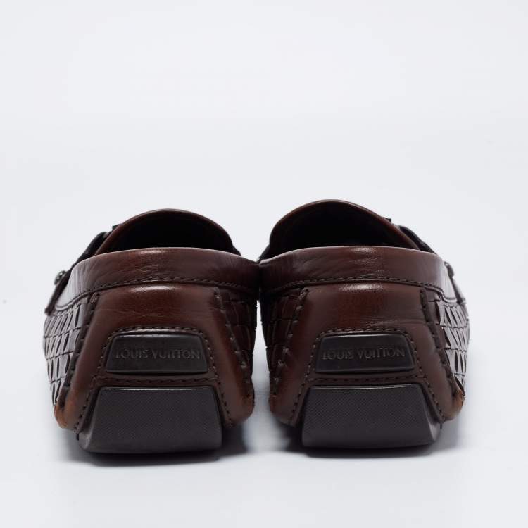 Pre Owned Louis Vuitton Dark Brown Woven Leather Monte Carlo Slip On Loafers Size 43