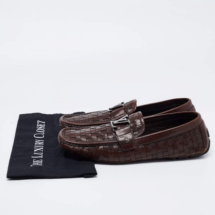 Pre Owned Louis Vuitton Dark Brown Woven Leather Monte Carlo Slip On Loafers Size 43